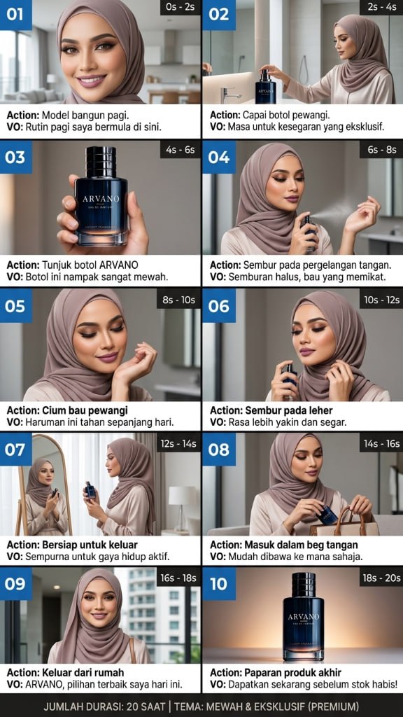 Contoh storyboard perfume ARVANO 20 saat dibuat dengan SuprStoryboard