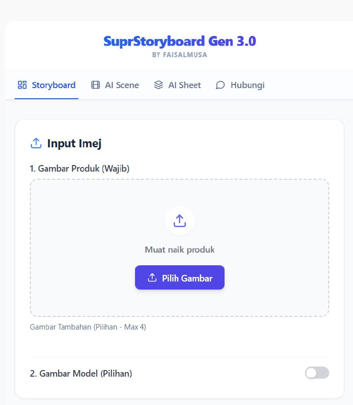 Interface SuprStoryboard Gen 3.0 — Ada AI Scene, AI Sheet, Prompt Video AI